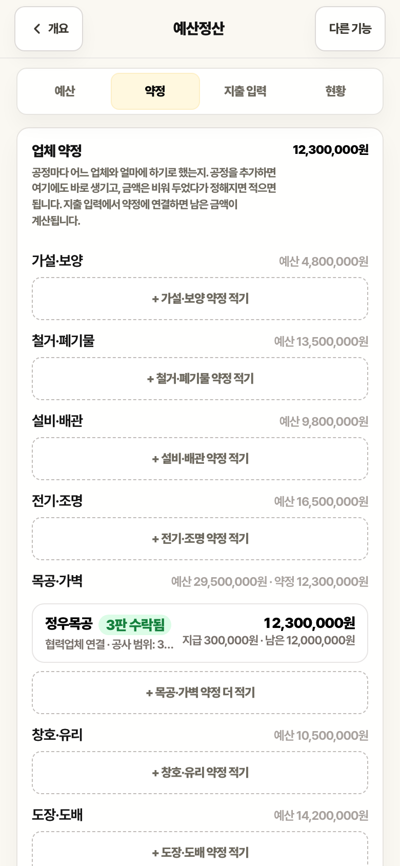 약정 탭 화면. 공정마다 예산과 약정 적기 칸이 있고, 목공·가벽 공정에 정우목공 12,300,000원 약정이 3판 수락됨, 지급 300,000원·남은 12,000,000원으로 표시되어 있습니다.