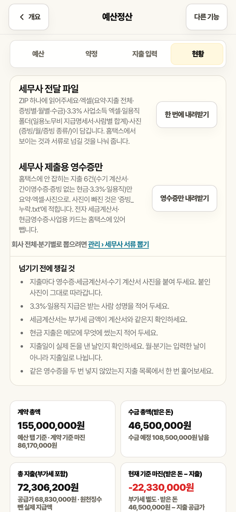 정산 현황 맨 위 세무사 전달 파일 카드. ZIP 에 담기는 파일 설명과 한 번에 내려받기, 영수증만 내려받기 버튼이 있습니다.